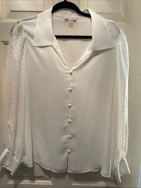 Calvin Klein White Button-Front Blouse with Sheer Dot Sleeves
